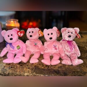 🩷 Pink Beanie Baby Bear Lot – Eggs, Mum ×2, Smitten – 4 Count